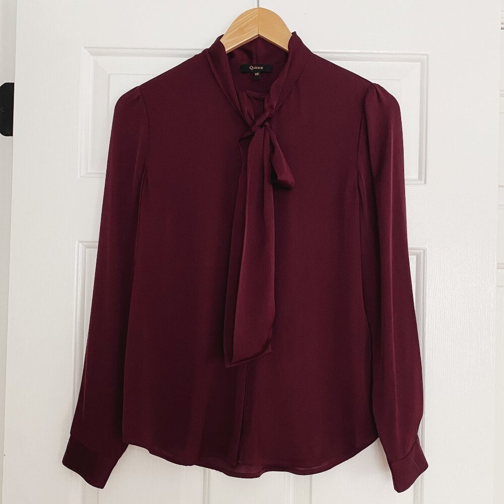 Quince Washable Stretch Silk Tie Neck Blouse